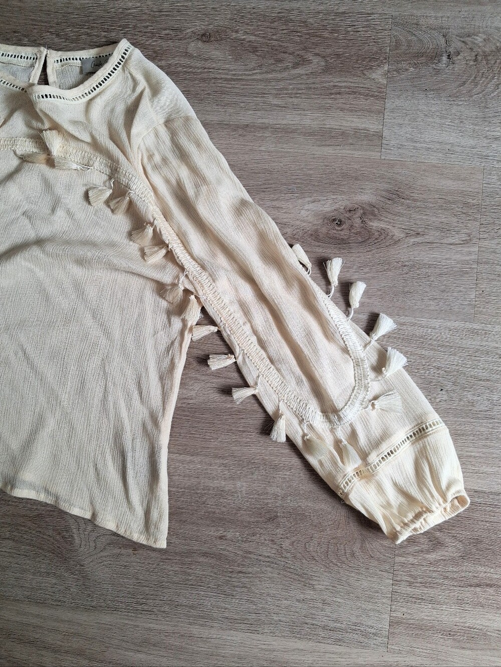 Womens Blouse Cream Tassel Detail Long Sleeve Top - Picture 4 of 8